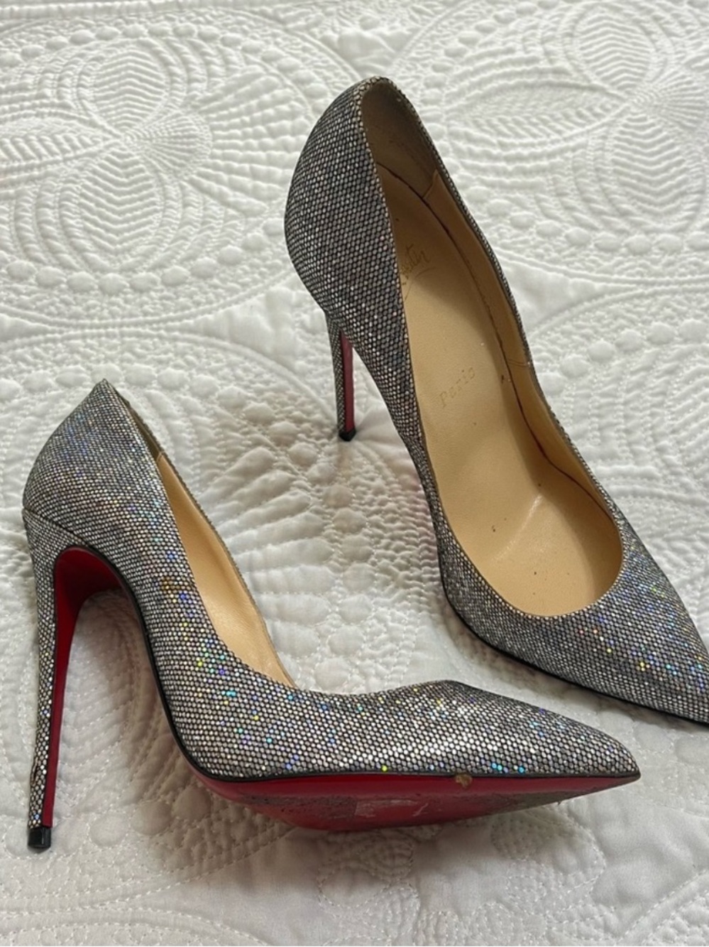 CHRISTIAN LOUBOUTIN So Kate 120 Glitter Solaria Pointy Toe Pump Heel Silver 37.5